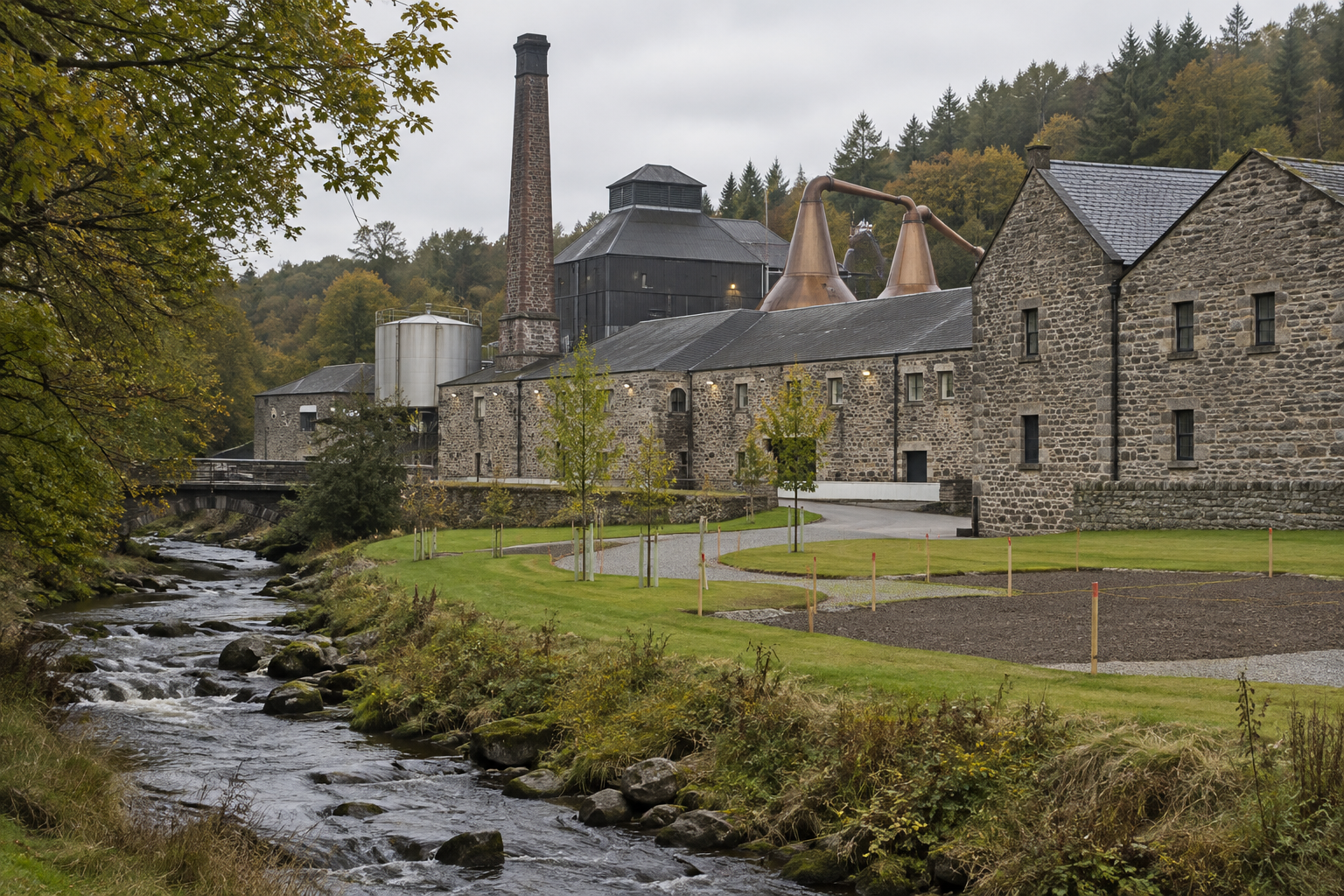 Riverside grounds illustrating Aberlour Distillery visitor plans in Moray, with mature trees and stone buildings.